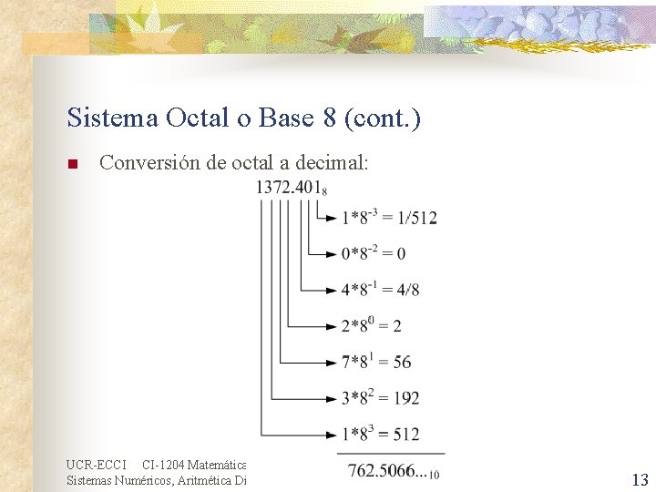 Sistema Octal o Base 8 (cont. ) n Conversión de octal a decimal: UCR-ECCI