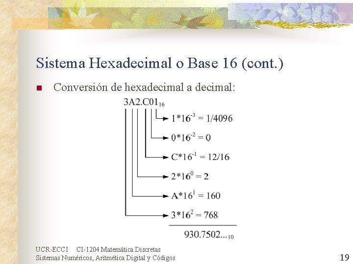 Sistema Hexadecimal o Base 16 (cont. ) n Conversión de hexadecimal a decimal: UCR-ECCI