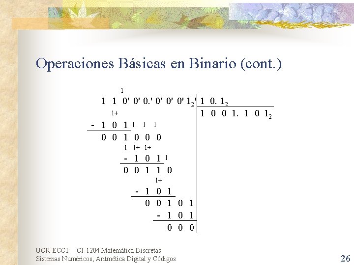 Operaciones Básicas en Binario (cont. ) 1 1 1 0' 0' 12' 1 0.