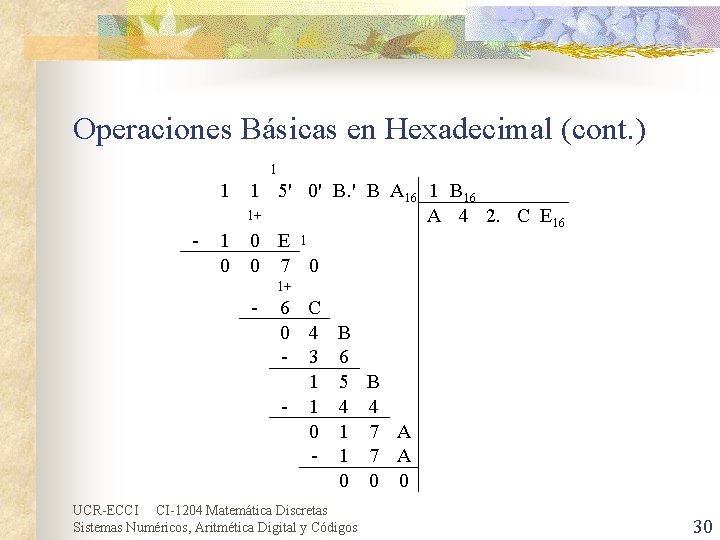 Operaciones Básicas en Hexadecimal (cont. ) 1 - 1 1 5' 0' B. '