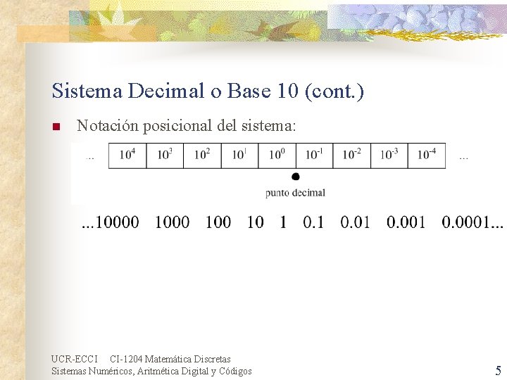 Sistema Decimal o Base 10 (cont. ) n Notación posicional del sistema: UCR-ECCI CI-1204