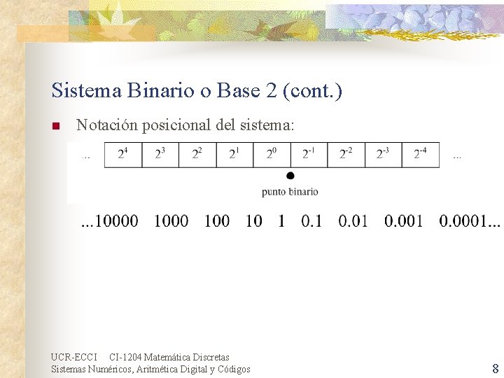 Sistema Binario o Base 2 (cont. ) n Notación posicional del sistema: UCR-ECCI CI-1204