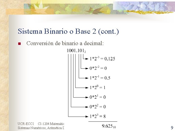 Sistema Binario o Base 2 (cont. ) n Conversión de binario a decimal: UCR-ECCI