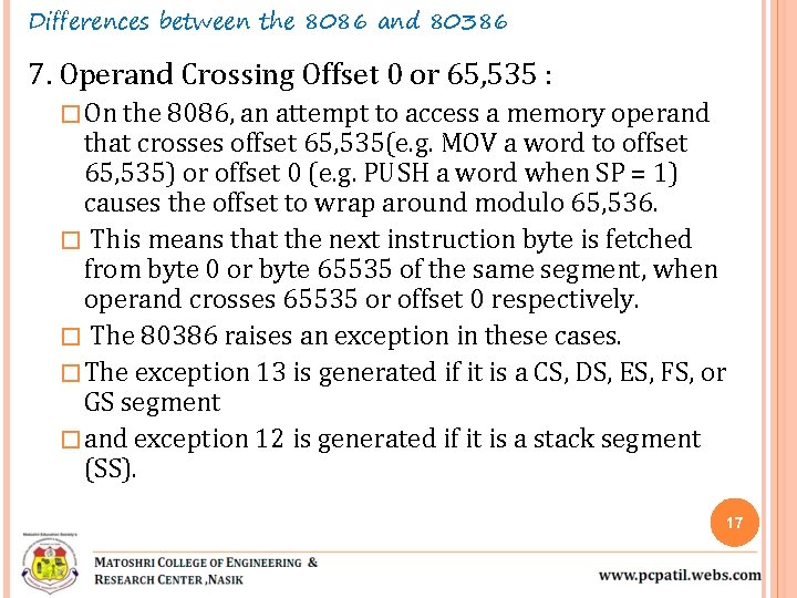 Differences between the 8086 and 80386 7. Operand Crossing Offset 0 or 65, 535