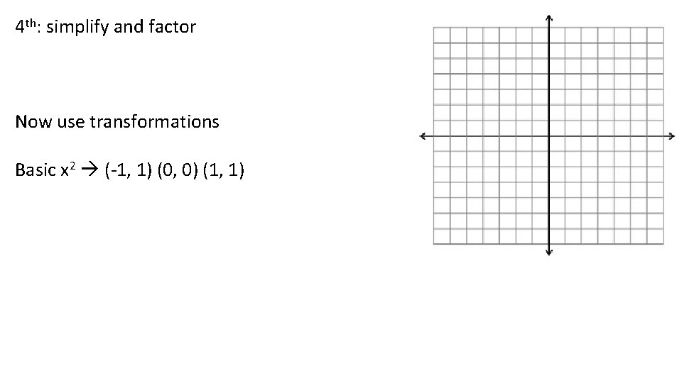 4 th: simplify and factor Now use transformations Basic x 2 (-1, 1) (0, 4 th: simplify and factor Now use transformations Basic x 2 (-1, 1) (0,