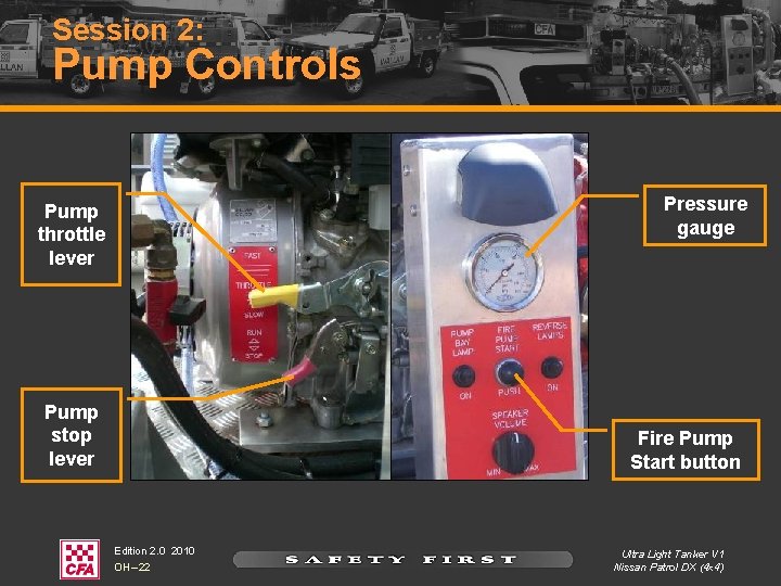Session 2: Pump Controls Pressure gauge Pump throttle lever Pump stop lever Fire Pump Session 2: Pump Controls Pressure gauge Pump throttle lever Pump stop lever Fire Pump