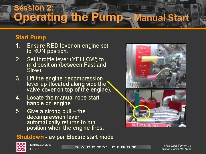 Session 2: Operating the Pump – Manual Start Pump 1. Ensure RED lever on Session 2: Operating the Pump – Manual Start Pump 1. Ensure RED lever on