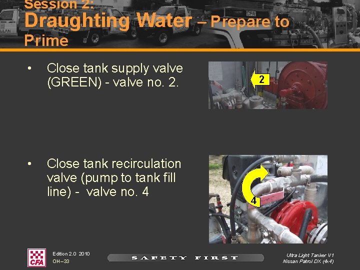 Session 2: Draughting Water – Prepare to Prime • Close tank supply valve (GREEN) Session 2: Draughting Water – Prepare to Prime • Close tank supply valve (GREEN)