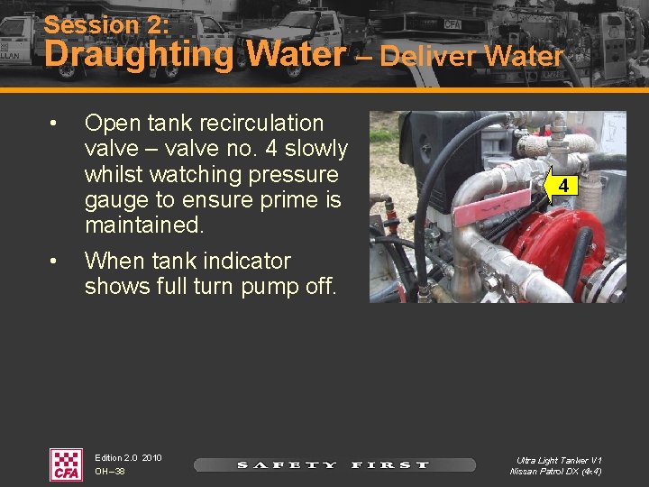 Session 2: Draughting Water – Deliver Water • • Open tank recirculation valve – Session 2: Draughting Water – Deliver Water • • Open tank recirculation valve –
