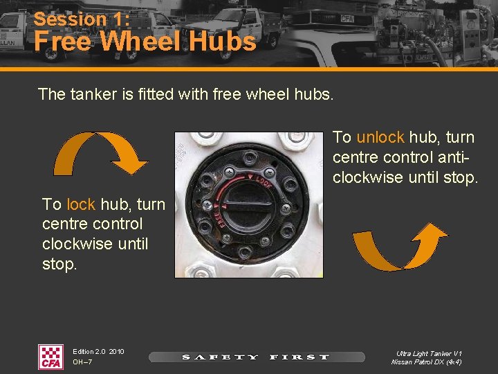 Session 1: Free Wheel Hubs The tanker is fitted with free wheel hubs. To Session 1: Free Wheel Hubs The tanker is fitted with free wheel hubs. To