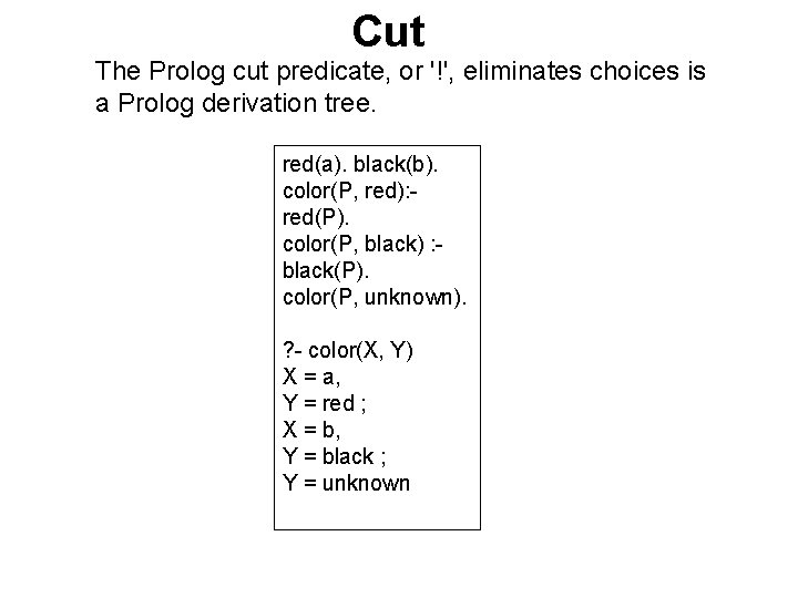 Cut The Prolog cut predicate, or '!', eliminates choices is a Prolog derivation tree. Cut The Prolog cut predicate, or '!', eliminates choices is a Prolog derivation tree.
