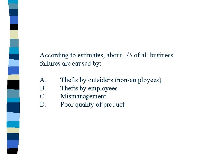 According to estimates, about 1/3 of all business failures are caused by: A. B.