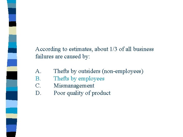 According to estimates, about 1/3 of all business failures are caused by: A. B.