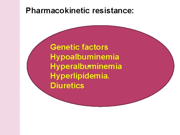 Pharmacokinetic resistance: Genetic factors Hypoalbuminemia Hyperlipidemia. Diuretics 