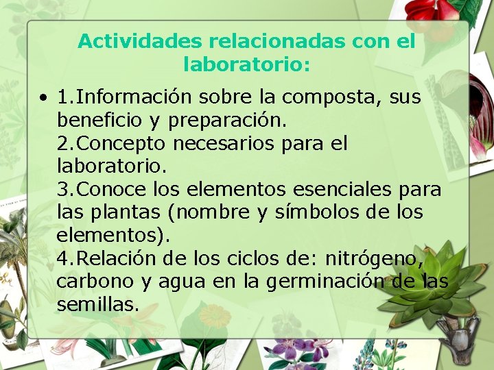 Actividades relacionadas con el laboratorio: • 1. Información sobre la composta, sus beneficio y