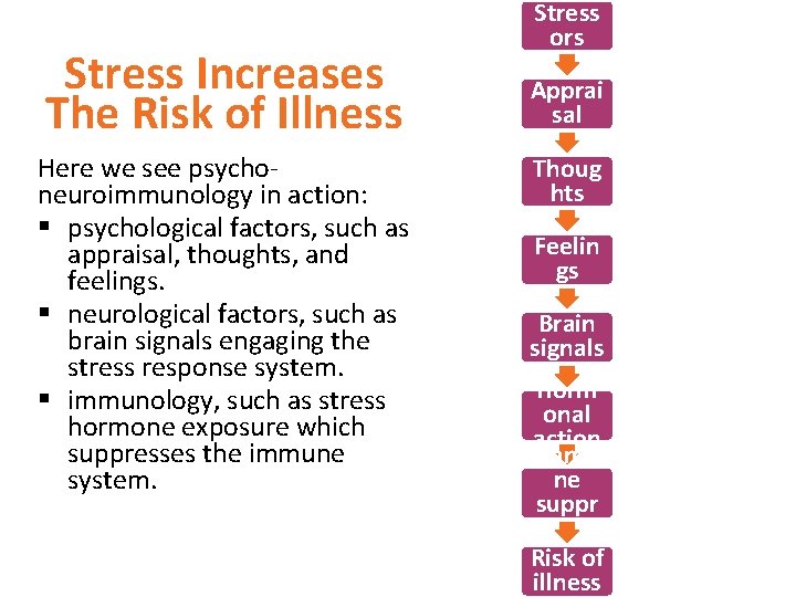 Stress Increases The Risk of Illness Here we see psychoneuroimmunology in action: § psychological