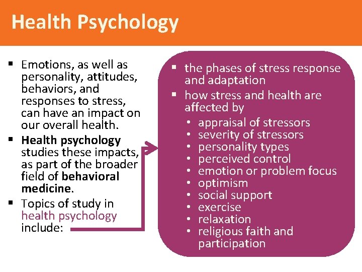 Health Psychology § Emotions, as well as personality, attitudes, behaviors, and responses to stress,