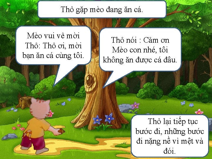 Thỏ gặp mèo đang ăn cá. Mèo vui vẻ mời Thỏ: Thỏ ơi, mời