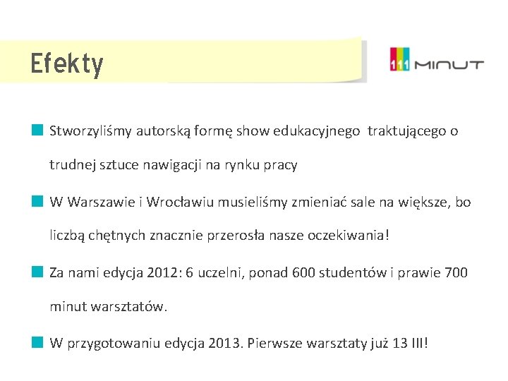 Efekty Stworzyliśmy autorską formę show edukacyjnego traktującego o trudnej sztuce nawigacji na rynku pracy