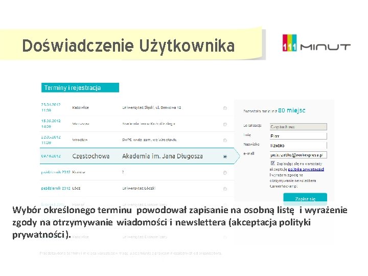 Doświadczenie Użytkownika Wybór określonego terminu powodował zapisanie na osobną listę i wyrażenie zgody na