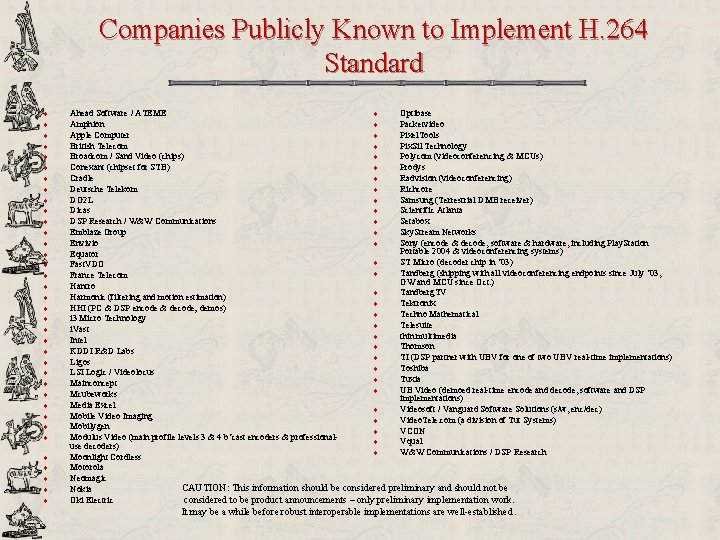 Companies Publicly Known to Implement H. 264 Standard u u u u u u