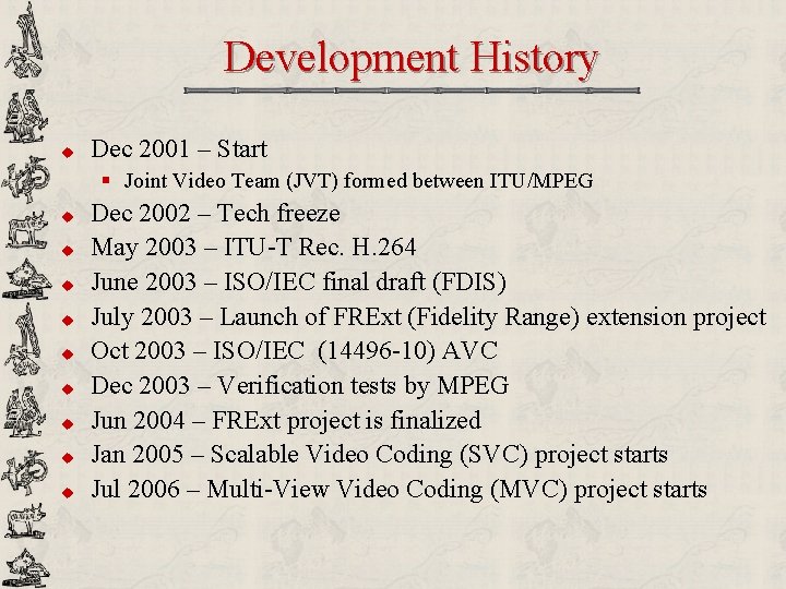Development History u Dec 2001 – Start § Joint Video Team (JVT) formed between