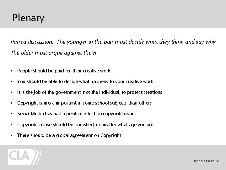 Plenary Paired discussion. The younger in the pair must decide what they think and