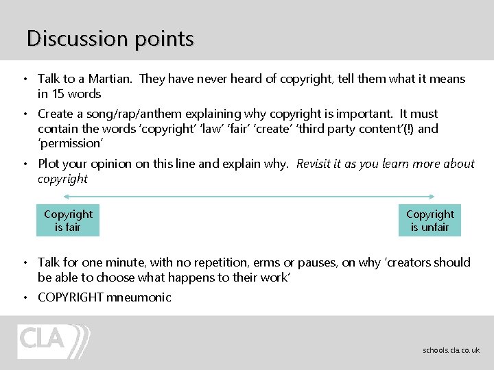 Discussion points • Talk to a Martian. They have never heard of copyright, tell