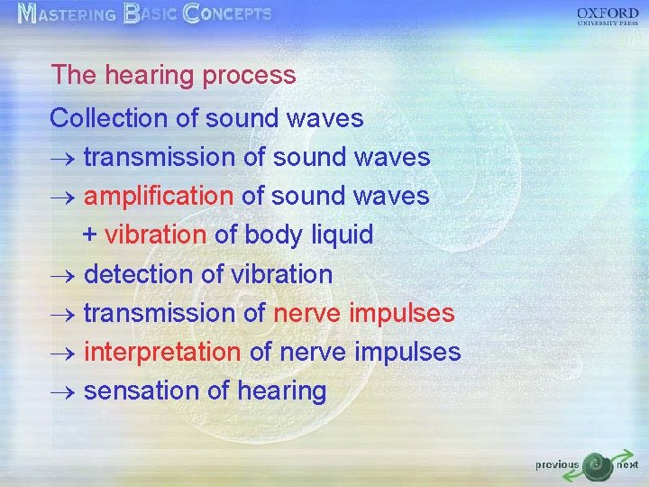 The hearing process Collection of sound waves transmission of sound waves amplification of sound The hearing process Collection of sound waves transmission of sound waves amplification of sound
