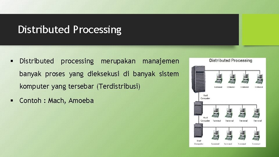 Distributed Processing § Distributed processing merupakan manajemen banyak proses yang dieksekusi di banyak sistem