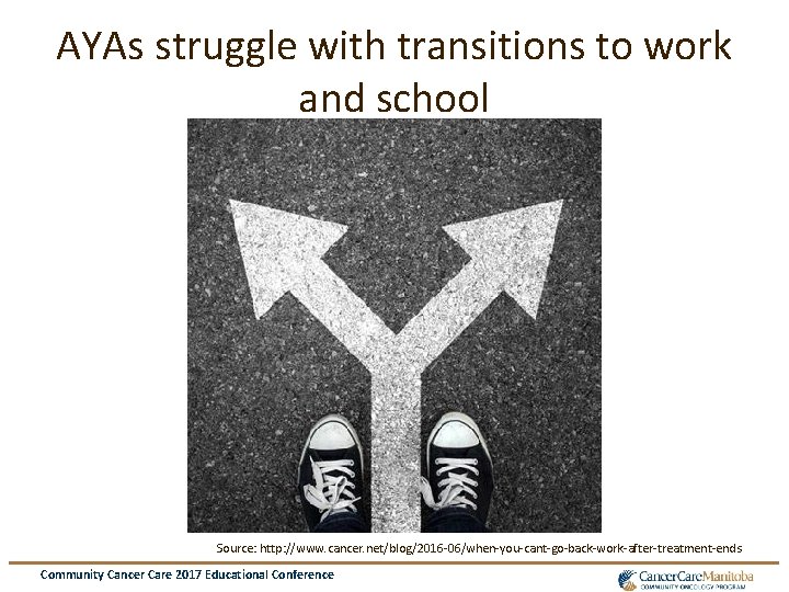 AYAs struggle with transitions to work and school Source: http: //www. cancer. net/blog/2016 -06/when-you-cant-go-back-work-after-treatment-ends