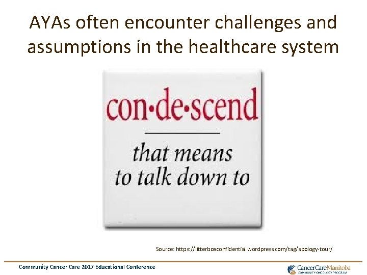 AYAs often encounter challenges and assumptions in the healthcare system Source: https: //litterboxconfidential. wordpress.