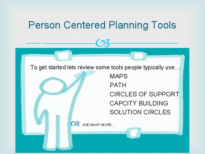 Person Centered Planning Tools To get started lets review some tools people typically use…