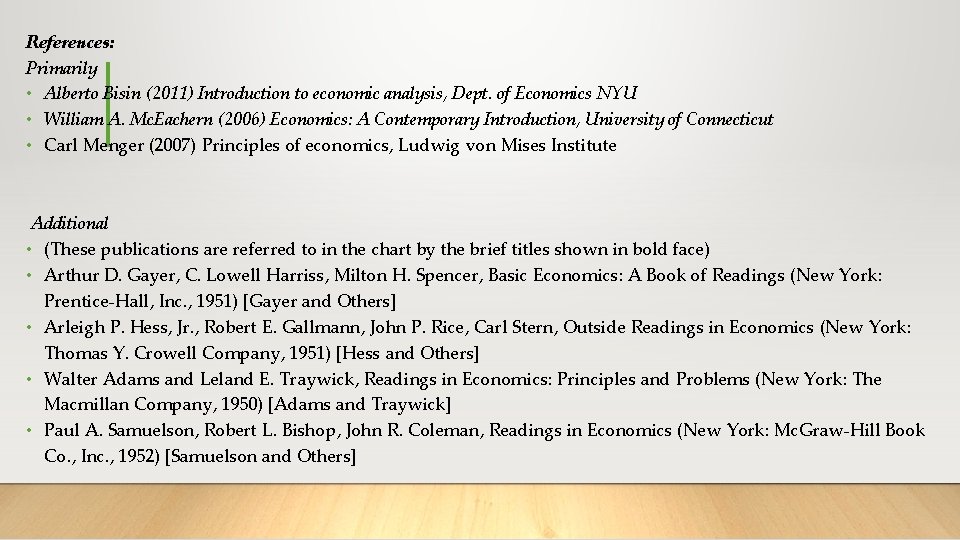 References: Primarily • Alberto Bisin (2011) Introduction to economic analysis, Dept. of Economics NYU