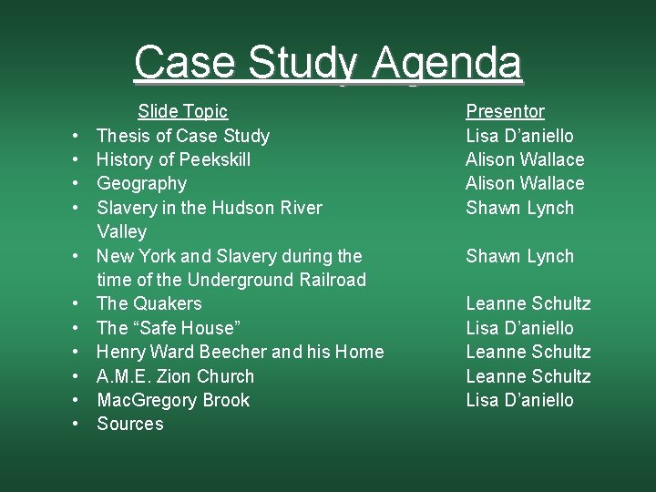 Case Study Agenda Slide Topic • Thesis of Case Study • History of Peekskill
