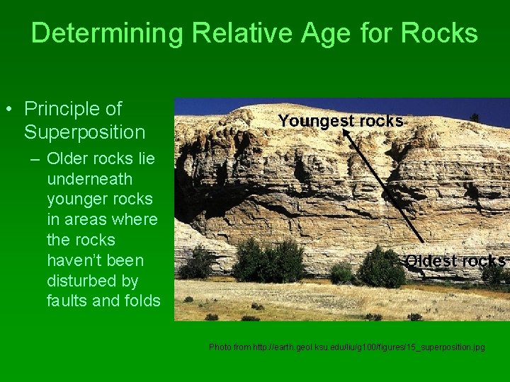 Determining Relative Age for Rocks • Principle of Superposition – Older rocks lie underneath