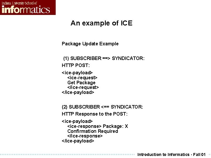 An example of ICE Package Update Example (1) SUBSCRIBER ==> SYNDICATOR: HTTP POST: <ice-payload> An example of ICE Package Update Example (1) SUBSCRIBER ==> SYNDICATOR: HTTP POST: <ice-payload>