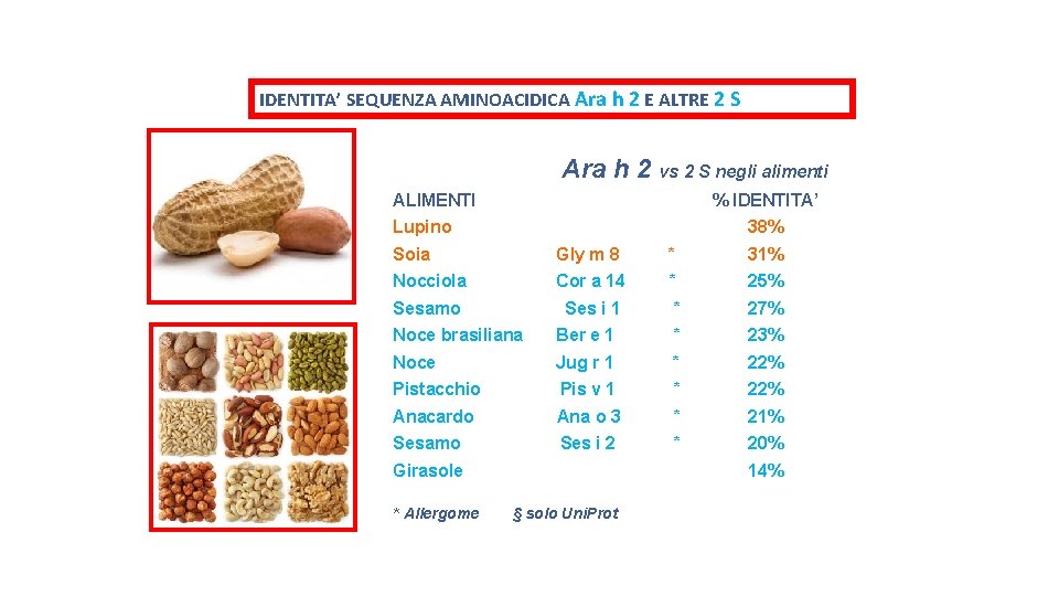 IDENTITA’ SEQUENZA AMINOACIDICA Ara h 2 E ALTRE 2 S Ara h 2 vs