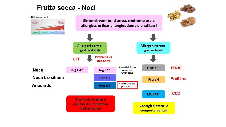 Frutta secca - Noci Sintomi: vomito, diarrea, sindrome orale allergica, orticaria, angioedema e anafilassi