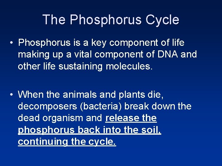 The Phosphorus Cycle • Phosphorus is a key component of life making up a