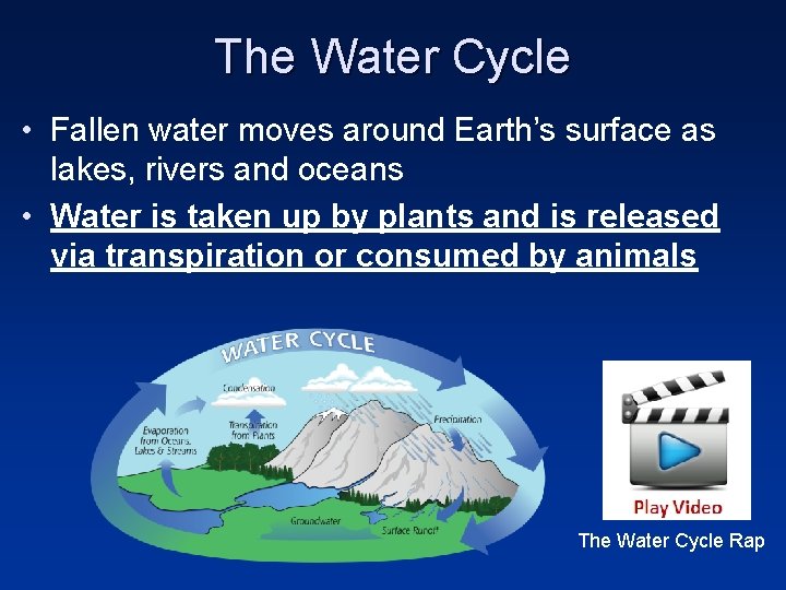 The Water Cycle • Fallen water moves around Earth’s surface as lakes, rivers and