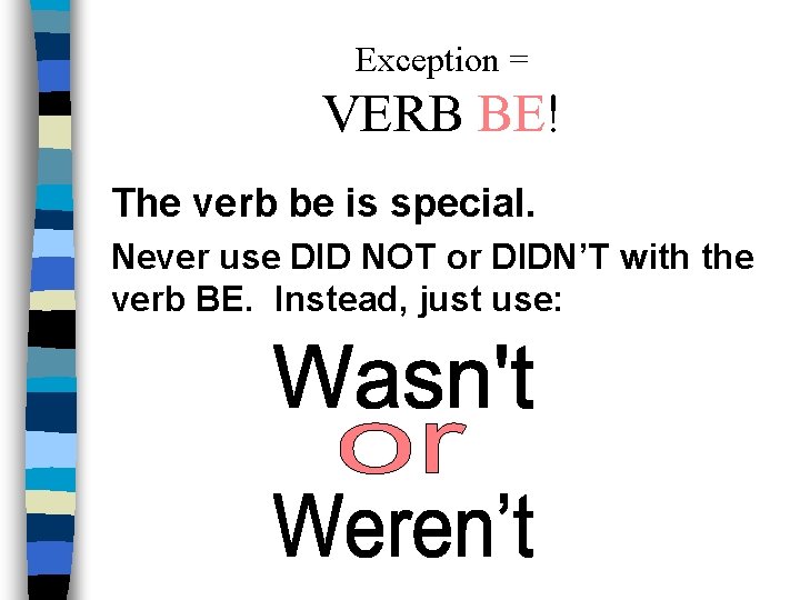 Exception = VERB BE! The verb be is special. Never use DID NOT or