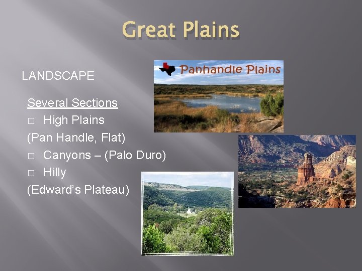 Great Plains LANDSCAPE Several Sections � High Plains (Pan Handle, Flat) � Canyons –