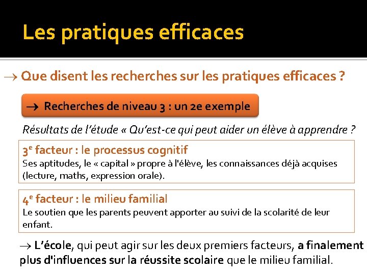 Les pratiques efficaces Que disent les recherches sur les pratiques efficaces ? Recherches de