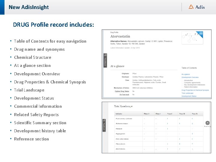 New Adis. Insight DRUG Profile record includes: • Table of Contents for easy navigation