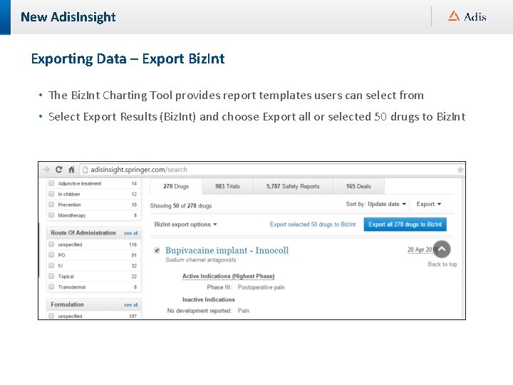 New Adis. Insight Exporting Data – Export Biz. Int • The Biz. Int Charting