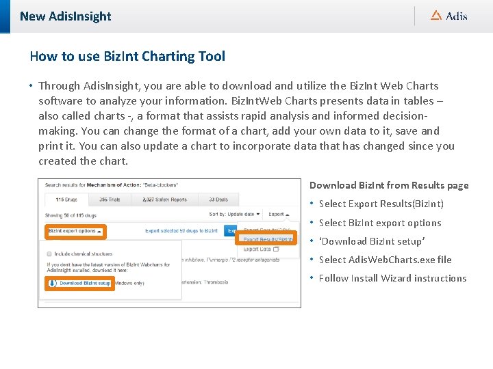 New Adis. Insight How to use Biz. Int Charting Tool • Through Adis. Insight,