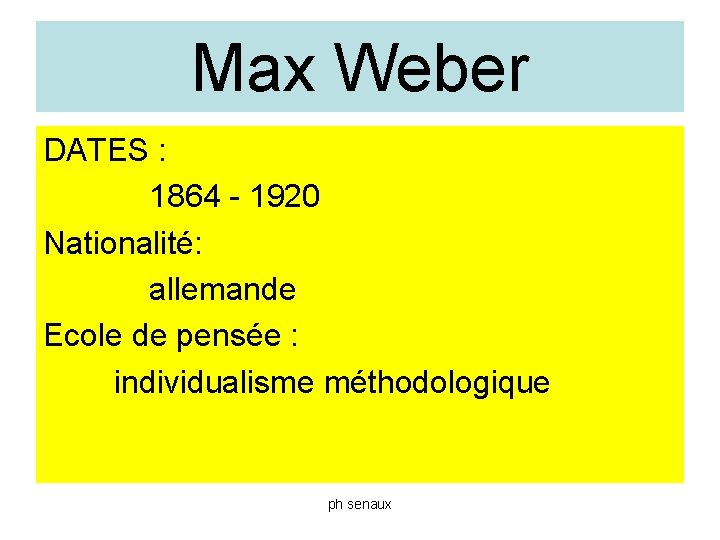 Max Weber DATES : 1864 - 1920 Nationalité: allemande Ecole de pensée : individualisme