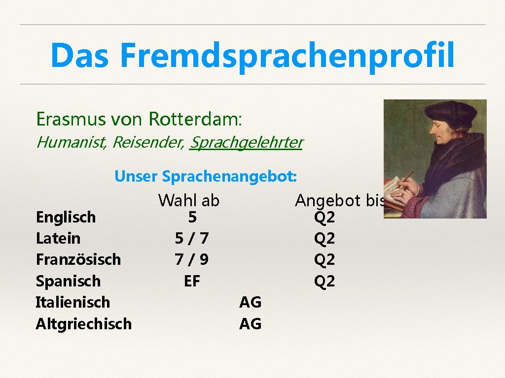 Das Fremdsprachenprofil Erasmus von Rotterdam: Humanist, Reisender, Sprachgelehrter Unser Sprachenangebot: Englisch Latein Französisch Spanisch