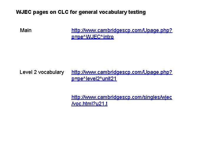 WJEC pages on CLC for general vocabulary testing Main http: //www. cambridgescp. com/Upage. php?